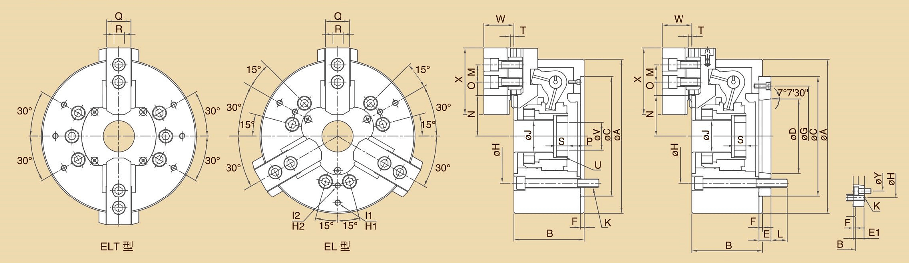 EL, ELT 二、三爪中空超長(zhǎng)行程夾頭尺寸圖